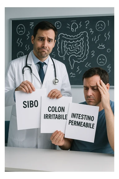 Scena clinica con un medico confuso in camice bianco davanti a un paziente seduto. Il medico ha tre fogli in mano, e li mostra uno alla volta con espressione incerta: il primo dice 'SIBO', il secondo 'Colon Irritabile', il terzo 'Intestino Permeabile'. Il paziente ha un’espressione confusa e scoraggiata, con una mano sulla fronte. Sullo sfondo una lavagna caotica con disegni di intestino e sintomi ovunque. Stile realistico con tocchi ironici, toni freddi da ambulatorio ma con un messaggio visivo forte di incertezza diagnostica. in italiano sticker
