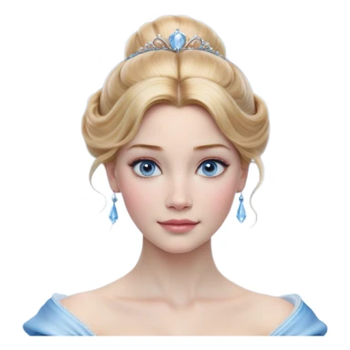 Cinematic Realistic Cinderella Portrait, depicted with lifelike skin texture, subtle rosy undertones, and soft natural lighting that enhances the gentle contours of her face. Her intricately detailed golden blonde hair is elegantly styled in an updo, with delicate wisps framing her face for added realism. Her deep, expressive blue eyes radiate warmth and sincerity, reflecting a quiet resilience and grace. She is dressed in her iconic ball gown, the fabric shimmering with intricate embroidery and fine translucent layers that catch the light beautifully. The soft sheen of satin gloves and the delicate sparkle of a glass-like slipper peeking from beneath her dress add a touch of magical realism. The portrait features an enchanting glow with a natural, luminous finish, seamlessly blending realism and fairytale charm to evoke a sense of depth, elegance, and timeless beauty. sticker