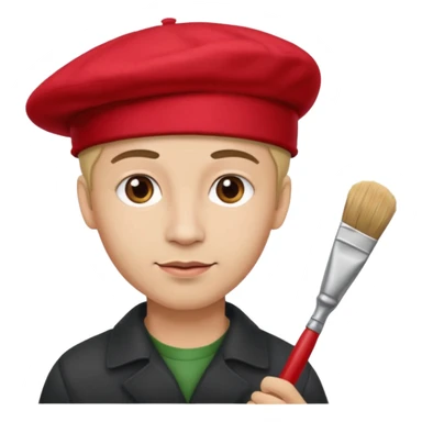man artist with red beret and painter sticker