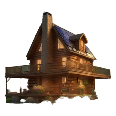 Skywalker Cabin is a very Very big Wood Cabin near tree on the mountain. The cabin is 5 stories tall with extensive solar arrays on top. The cabin sits on thick grass fields. porch lights on ,guests on porch smoking ,flowers and bushes  sticker