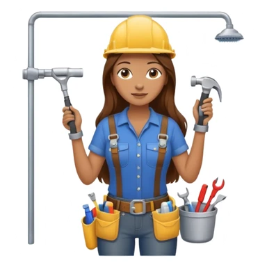 beautiful girl with long brown hair constructing new bathroom area with new shower and amenities  sticker