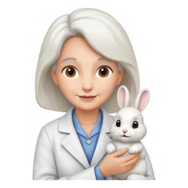 Older female vet – gentle smile, coat, checking rabbit  sticker