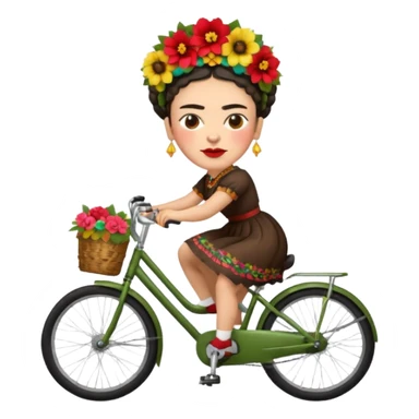 Frida Kahlo riding a bicycle, floral headpiece, expressive face, apple emoji style sticker