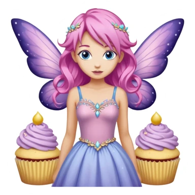 beige fairy cupcakes with yellow frosted icing on top and a enchantress fairy with tanned skin and pink hair and lilac wings and blue eyes wearing a dusky pink embellished gown decoration sticker