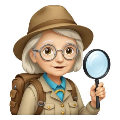 Explorer old woman with magnifying glass and backpack sticker