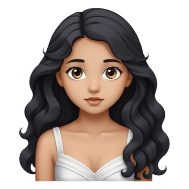 beautiful and pretty 16-year-old woman with big eyes, long wavy black hair, gray eyes, wearing a white dress, and posing slightly diagonally. sticker