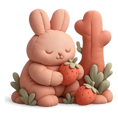 bunny picking strawberries in the woods, sweet pastel red, cushion style sticker
