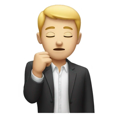 person with eyes closed, one hand pointing down, the other in a fist covering his mouth. sticker