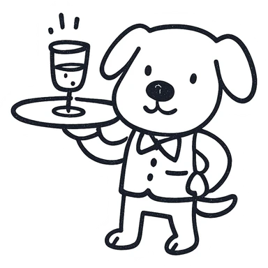 cute line drawing for coloring: a dog waiter serving a tray in a bar, simple line style, no fill, for children to color sticker
