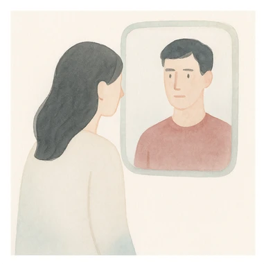 A woman peering into a mirror, with a man appearing on the opposite side, rendered in a creative watercolor illustration style, soft brush strokes, artistic sticker