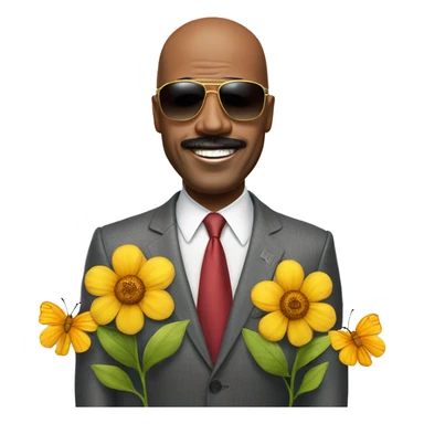 Steve Harvey with a butterfly on his head and sunglasses with a sun and flowers sticker