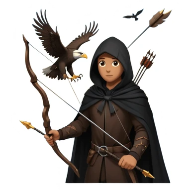 hooded man in a tall buliding a silloute shot, bow and arrows in hand. in the sky a big eagle is flying in modern time sticker
