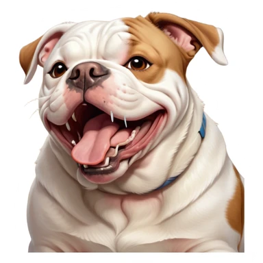Cinematic Cute Yawning White and Brown American Bulldog Portrait Emoji, Head tilted slightly with a dramatic, wide-open yawn, soft white fur with bold brown patches, floppy ears slightly drooping, round brown eyes barely open in drowsy contentment, Simplified yet irresistibly adorable features, highly detailed, glowing with a soft, cozy glow, high shine, relaxed yet expressive, stylized with a touch of whimsy, bright and endearing, soft glowing outline, capturing the essence of a sleepy yet affectionate pup, so drowsy it feels like it could stretch right out of the screen and curl up for a nap! sticker