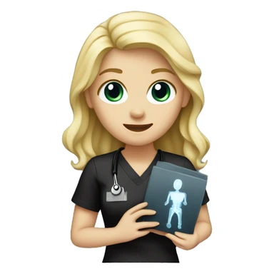 Blonde girl in black scrubs holding up a chest X-ray  sticker