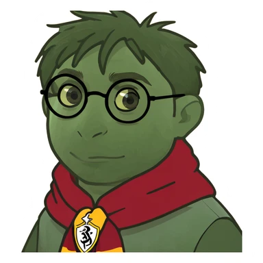 Harry Potter memoji with Gryffindor scarf, round glasses, lightning scar, digital cartoon style sticker