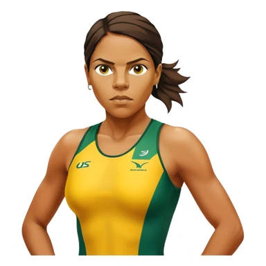 Cinematic Realistic portrait of Cathy Freeman, shown as an iconic Australian sprinter with a focused, determined expression and modern athletic yellow and green attire accented with subtle native motifs, rendered in dynamic, vibrant lighting sticker