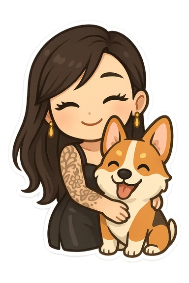 chibi sticker of an Asian girl with long hair and wispy deep side bangs, wearing a black leather dress, gold earrings, false lashes, and a 3/4 sleeve tattoo on her left arm, hugging a happy red head tri-color corgi, simplified, clear, emoji-like sticker