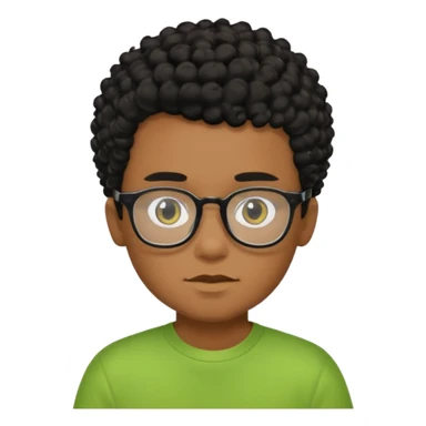 Menino pardo com cabelo curto cacheado preto raspado dos lados, de óculos preto quadrado e blusa verde e amarela sticker