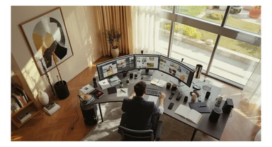 Cinematic shot of a creative director work on tripple display setup PC, top dutch angle, Warm bright vibe, modern clean expensive huge room minimalistic apartament, model is dress like designer, morning, big window, advertising vibe, captured on arri alexa sticker