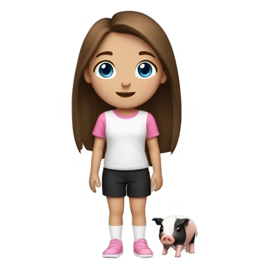 11 year old girlwith blue eyes, straight brown hair, pink shirt, black shorts and white shoes holding  a small black, brown and white gueani pig sticker