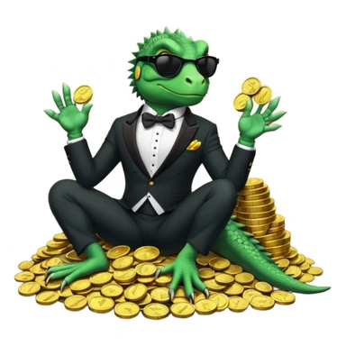 capitalist iguana banker in tuxedo and black sunglasses lying comfortly on coins sticker