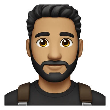 25 year old Hispanic man with a beard and thick eyebrows light skin, black shirt and side fades and a comb over with very dark brown eyes, no mustache sticker