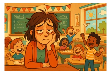 digital cartoon art of a exhausted teacher in a bustling classroom sticker