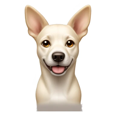 cream white colored dog, pointy ears, brown eyes, light brown nose sticker