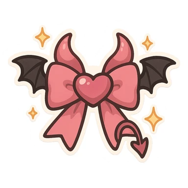 devil bow, chibi style, pink and black, tiny horns, heart-shaped center, cute but mischievous, bat wings, sparkles sticker