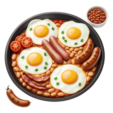 Cinematic Realistic English Breakfast Dish Emoji, showcasing a hearty ensemble of eggs, bacon, sausages, baked beans, and grilled tomatoes rendered with lifelike texture and vibrant, appetizing detail that exudes comforting tradition. sticker