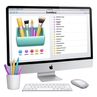 iMac showing beauty salon inventory software with notebook and pen next to it sticker