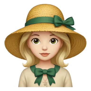 light beige women's straw hat with large brim and dark green bow sticker