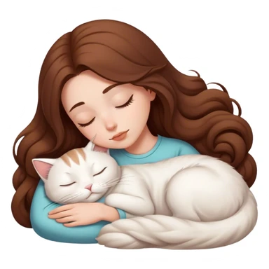 A pretty white girl with very long brown hair and sleeping curled up to a white cat  sticker