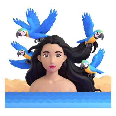 close-up of a woman's face with long black hair, light brown skin, blue macaws flying around her head, and the arches of Atalaia Beach (Aracaju-SE) subtly in the background sticker