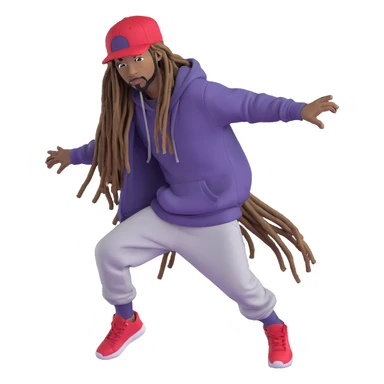 hip-hop artist with dark skin, long dreadlocks, wearing hoodie and cap, energetic pose sticker