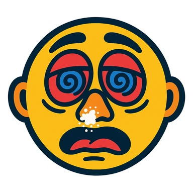 woozy cartoon face with white powder on nose, subtle reference to cocaine, vibrant toon style sticker