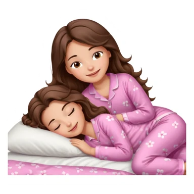 Brunette girl with long wavy brown hair with brown eyes and sleeping on a withe bed with cute pink pjs sticker