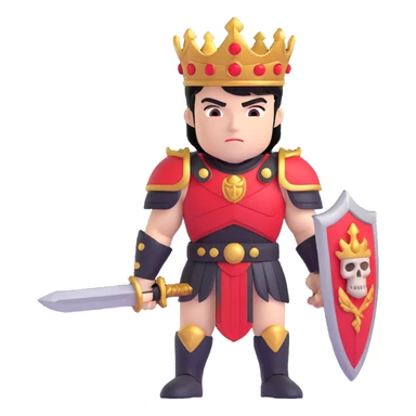 Muscular hero wearing black and red Greek armor with a skull shoulder pad and laurel crown. The hero has black hair with red and gold highlights, holding a red sword, standing confidently before a throne decorated with skulls and glowing yellow light. sticker