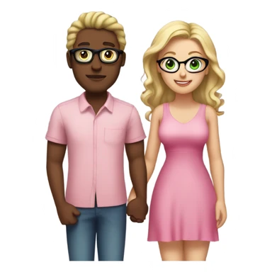 Curvy woman not wearing glasses with long blonde hair and green eyes wearing a pink dress and holding hands with a brown man with short curly black hair and glasses sticker