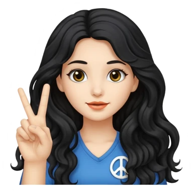 girl with long black wavy hair holding up a peace sign sticker
