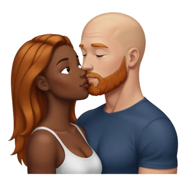 Dark black women with balayage hair kissing muscular white bald man with ginger beard sticker