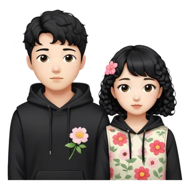 Korean young couple boy is wearing black hoodie with black short hair cut general korean style and girl is wearing flower pattern sleeveless top with black long curly hair with bang sticker