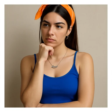 Create a hyperrealistic 4K image of a thoughtful woman, almost full figure, with her hand under her chin, inspired by the reference image. She has a reflective expression and a neutral background. This is variant 3 with a slightly changed body position. sticker