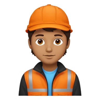 Kindly Keyin (male) with dark brown hair, orange cap and shirt, black jacket sticker