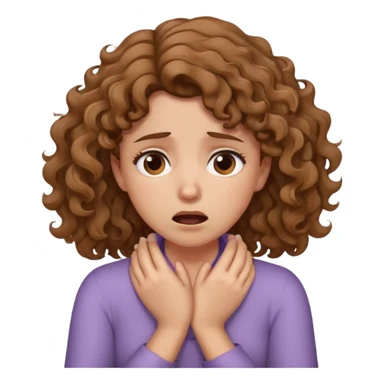girl clutching her neck in a choking motion with both hands, she looks irritated but only slightly. she has brown wavy/curly hair  sticker