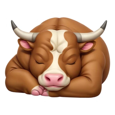 Meme-Worthy Cute Sleeping Domestic Bull Portrait Emoji, Head resting peacefully with a contented smile, showcasing a robust, muscular build and a luxuriously soft coat, eyes gently closed in serene, restful slumber, Simplified yet hilariously adorable features, highly detailed, glowing with a soft, drowsy natural light, high shine, relaxed and utterly lovable, stylized with an air of playful laziness, soft glowing outline, capturing the essence of a sleeping domestic bull that feels destined to become the next viral sensation of adorable rest! sticker