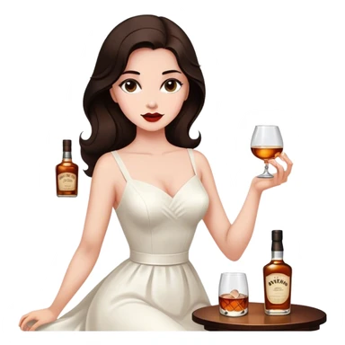 Beautiful woman in 1950’s woman fashion look, white dress, long dark brown hair, whisky with ice sticker