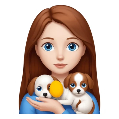 long hair chestnut color blue eyes woman holding small plain white dog sticker