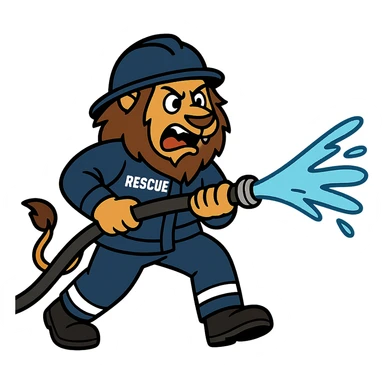 Change the fireman uniform to a rescue firefighter suit, keep the lion spraying water, dynamic action, bold lines, no background. sticker