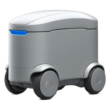solid horizontal rectangle gray delivery robot with white circle white led eyes and opening lid on 4 wheels, minimalistic design, only rectangle sticker